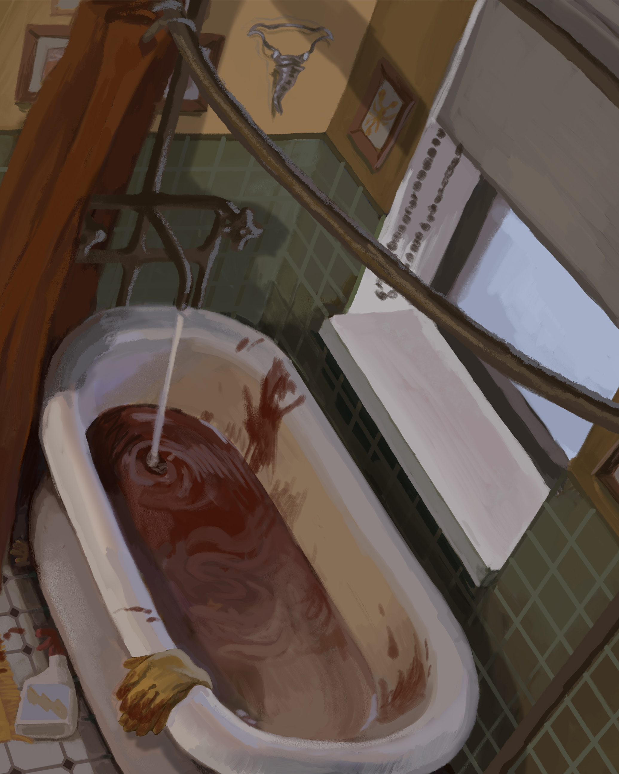 Cropped digital painting of a bathroom full of blood.